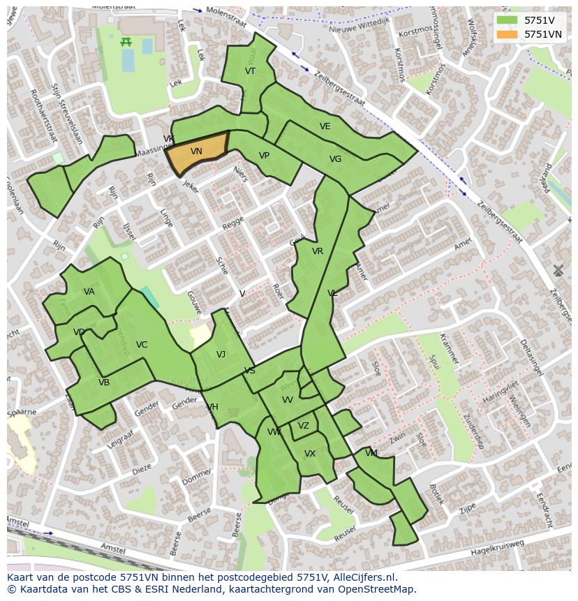 Afbeelding van het postcodegebied 5751 VN op de kaart.