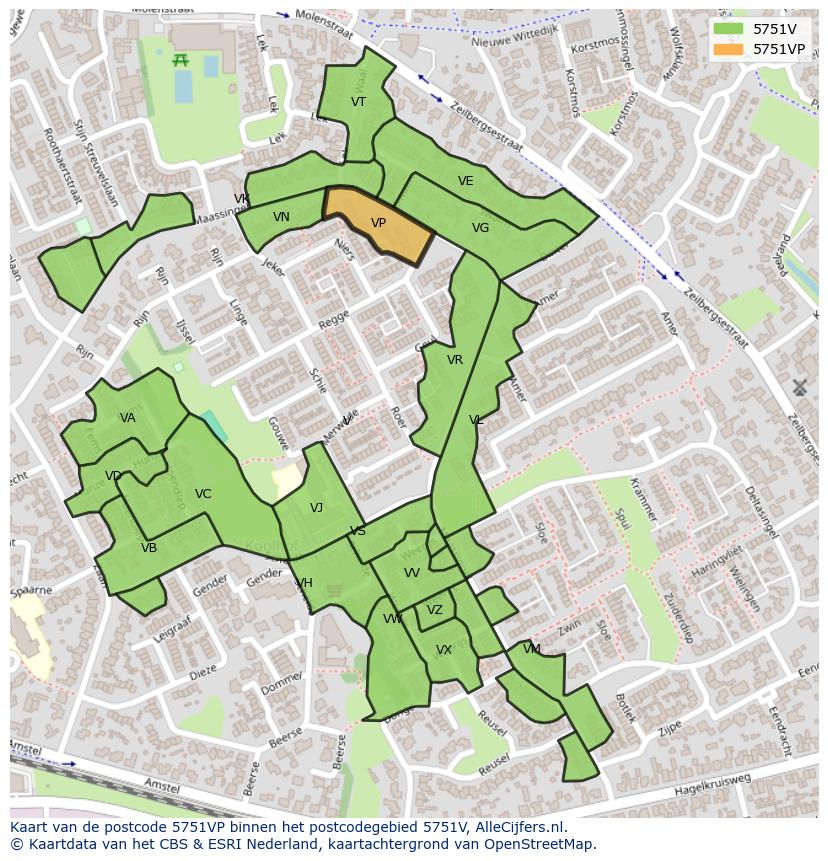 Afbeelding van het postcodegebied 5751 VP op de kaart.