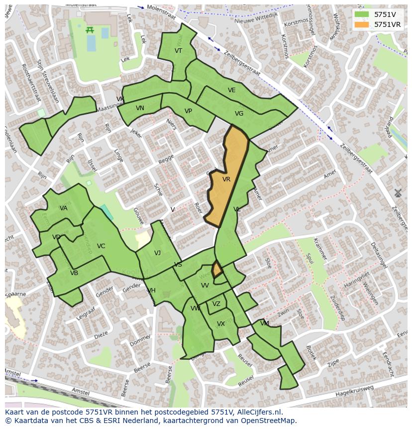 Afbeelding van het postcodegebied 5751 VR op de kaart.