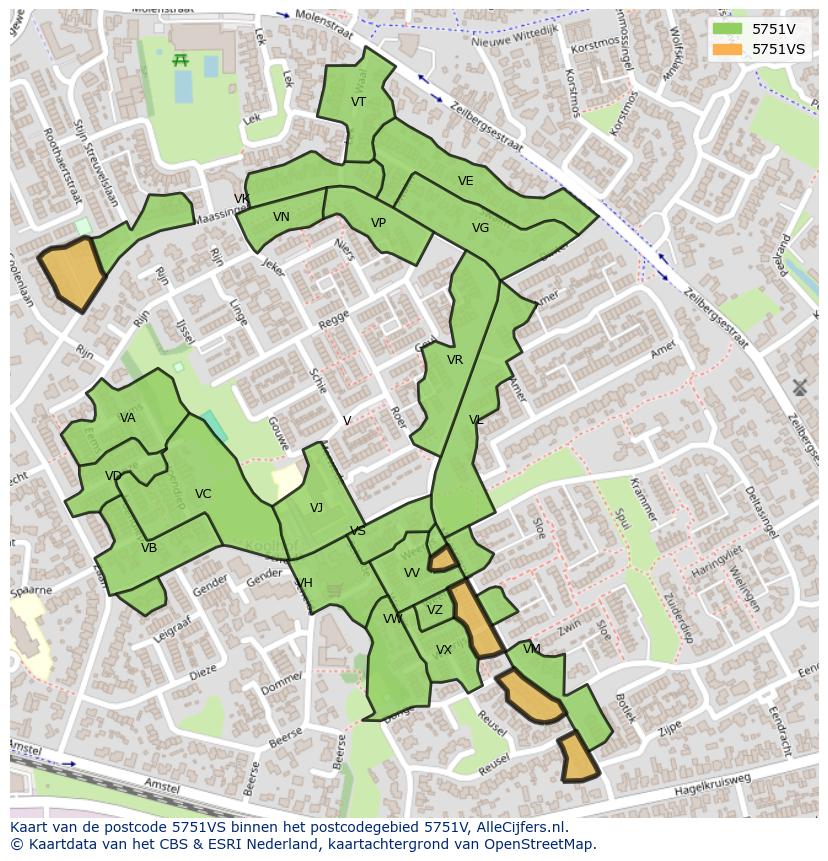 Afbeelding van het postcodegebied 5751 VS op de kaart.