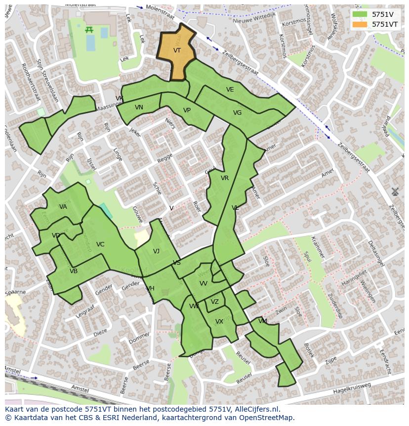 Afbeelding van het postcodegebied 5751 VT op de kaart.