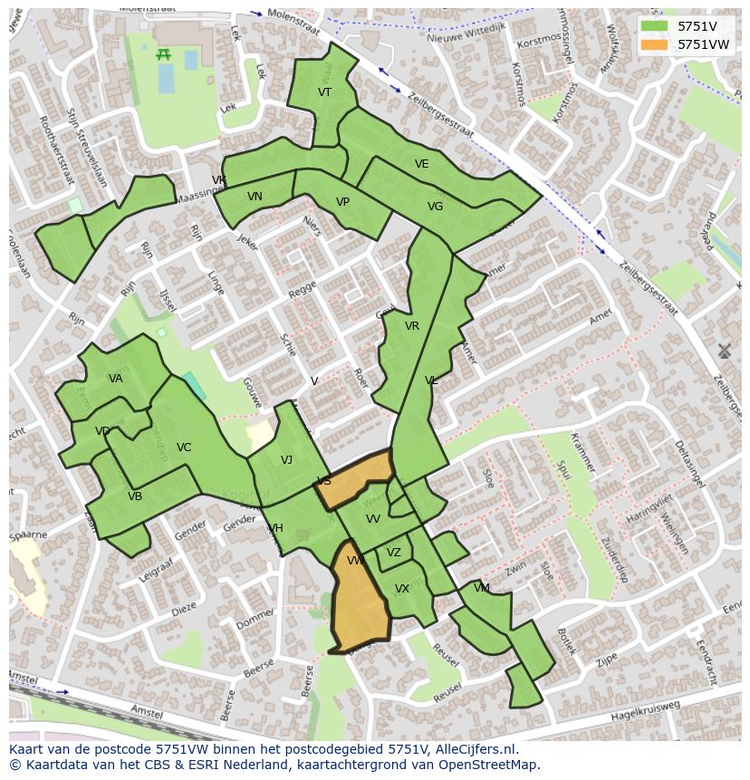 Afbeelding van het postcodegebied 5751 VW op de kaart.