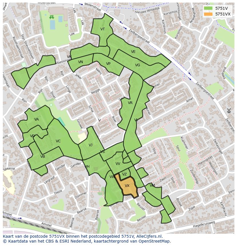 Afbeelding van het postcodegebied 5751 VX op de kaart.