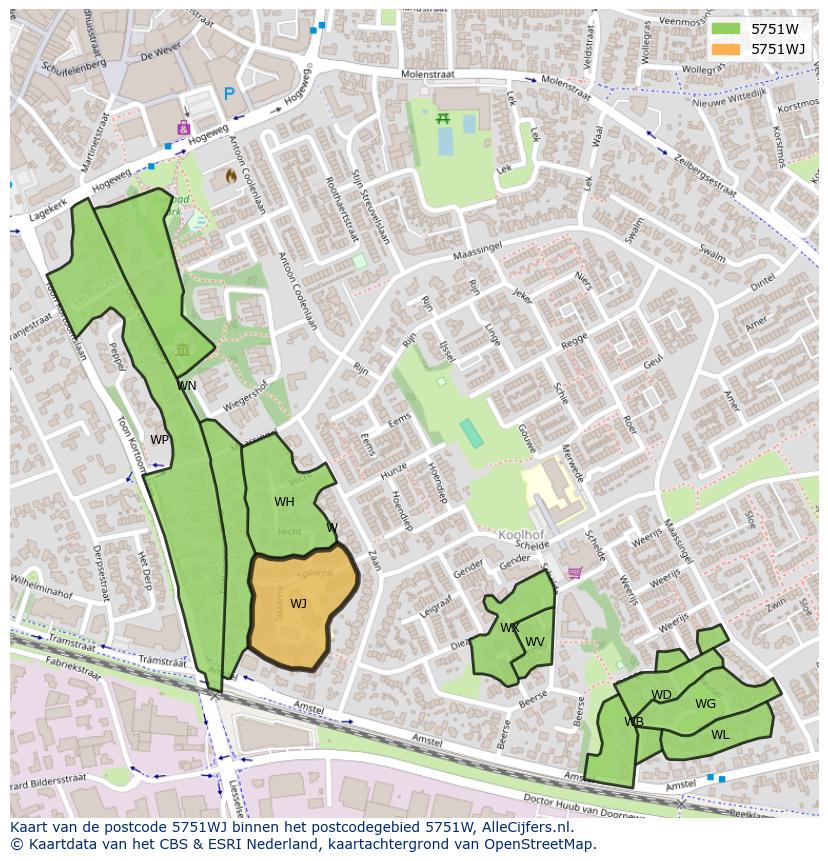 Afbeelding van het postcodegebied 5751 WJ op de kaart.