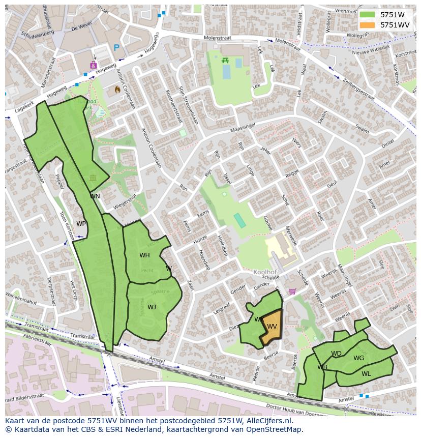 Afbeelding van het postcodegebied 5751 WV op de kaart.