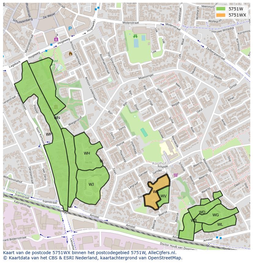 Afbeelding van het postcodegebied 5751 WX op de kaart.