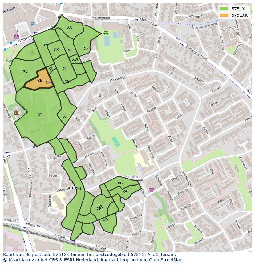 Afbeelding van het postcodegebied 5751 XK op de kaart.