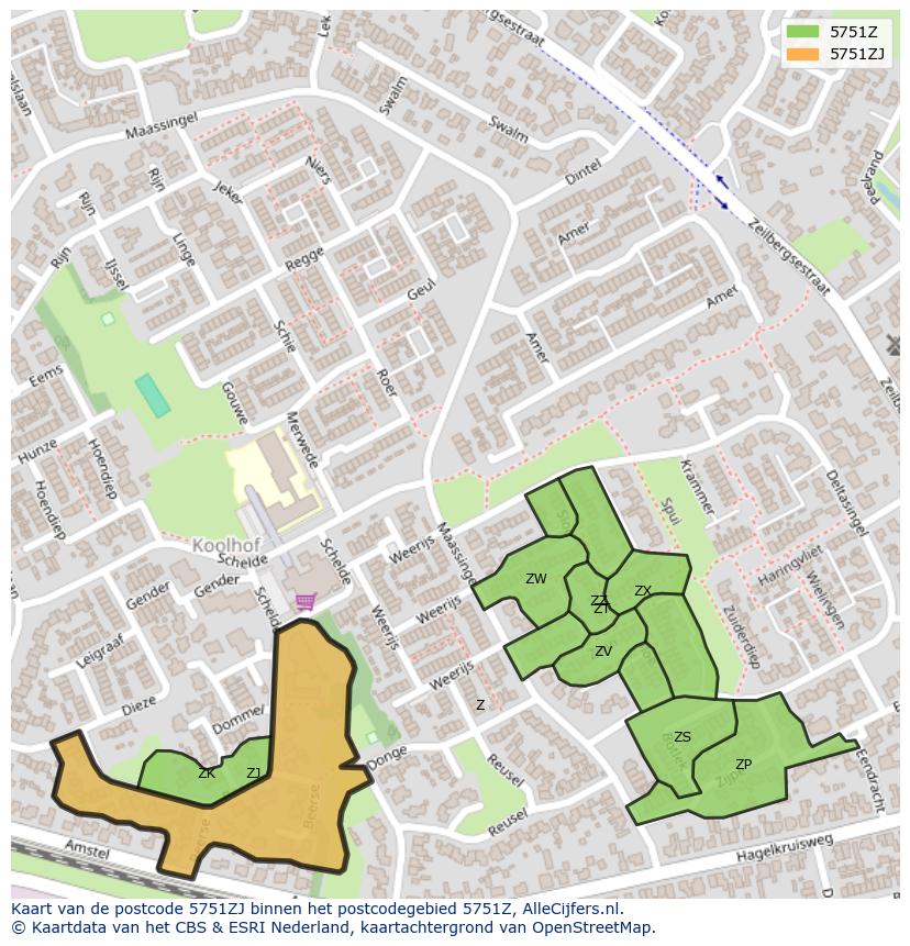 Afbeelding van het postcodegebied 5751 ZJ op de kaart.