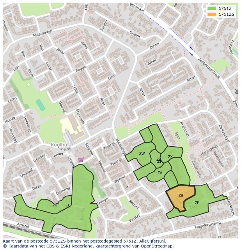 Afbeelding van het postcodegebied 5751 ZS op de kaart.