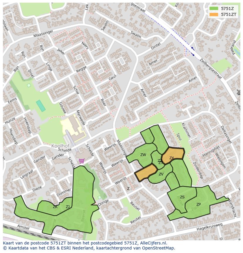 Afbeelding van het postcodegebied 5751 ZT op de kaart.