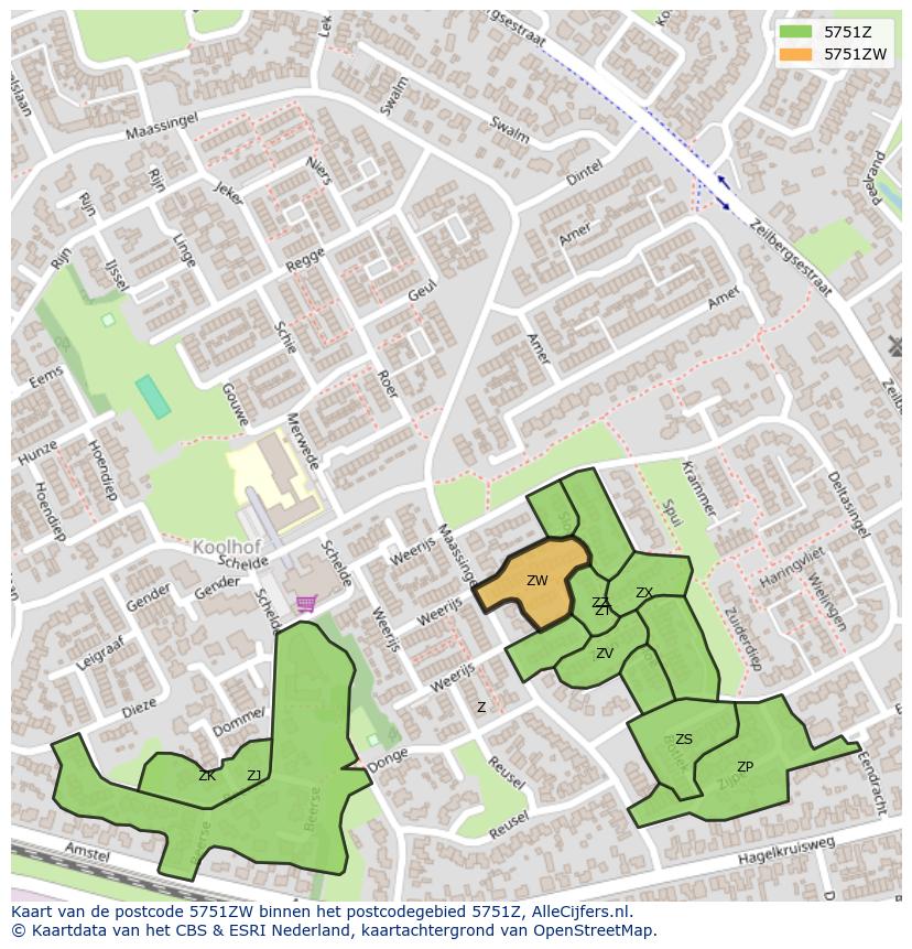 Afbeelding van het postcodegebied 5751 ZW op de kaart.