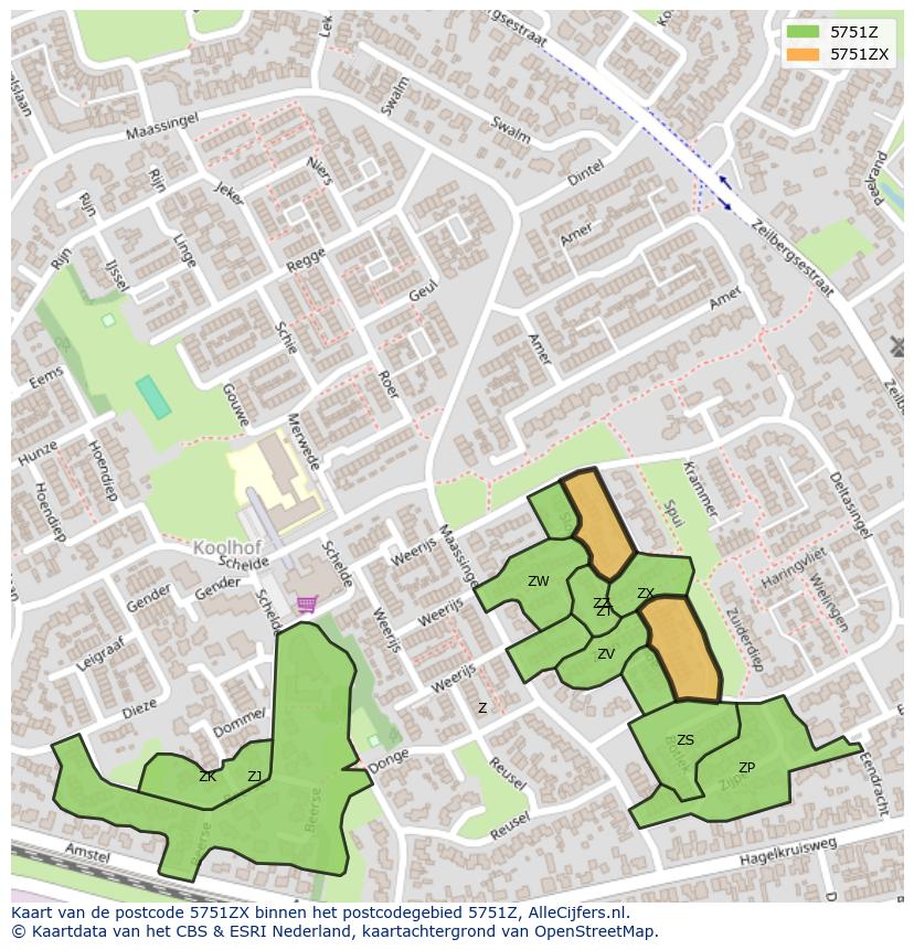 Afbeelding van het postcodegebied 5751 ZX op de kaart.