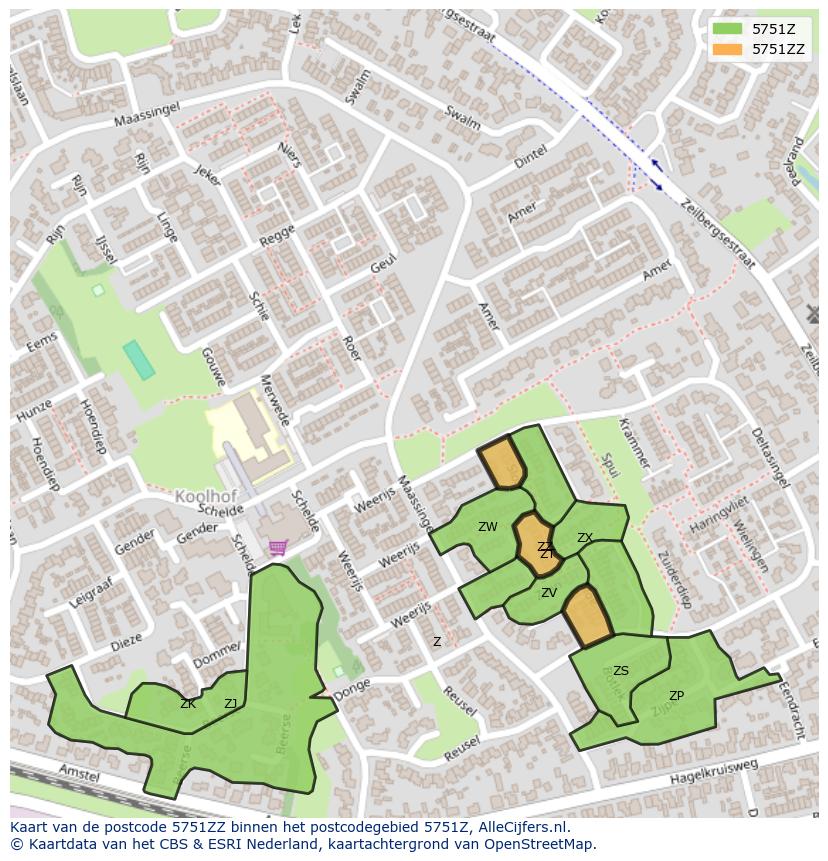 Afbeelding van het postcodegebied 5751 ZZ op de kaart.