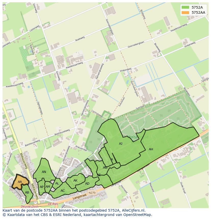 Afbeelding van het postcodegebied 5752 AA op de kaart.