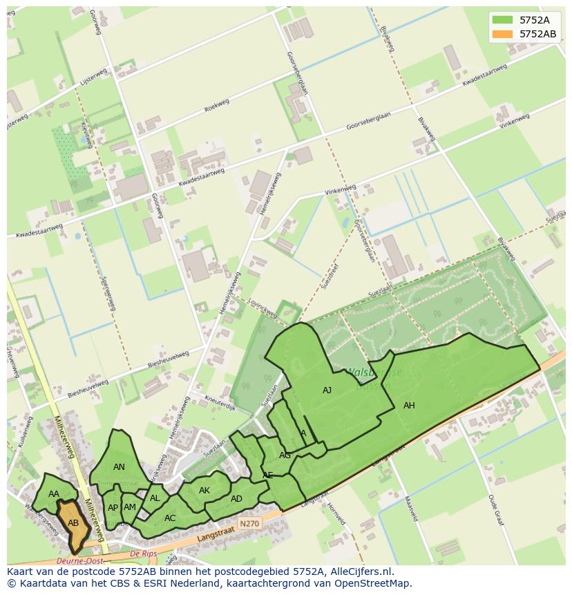 Afbeelding van het postcodegebied 5752 AB op de kaart.