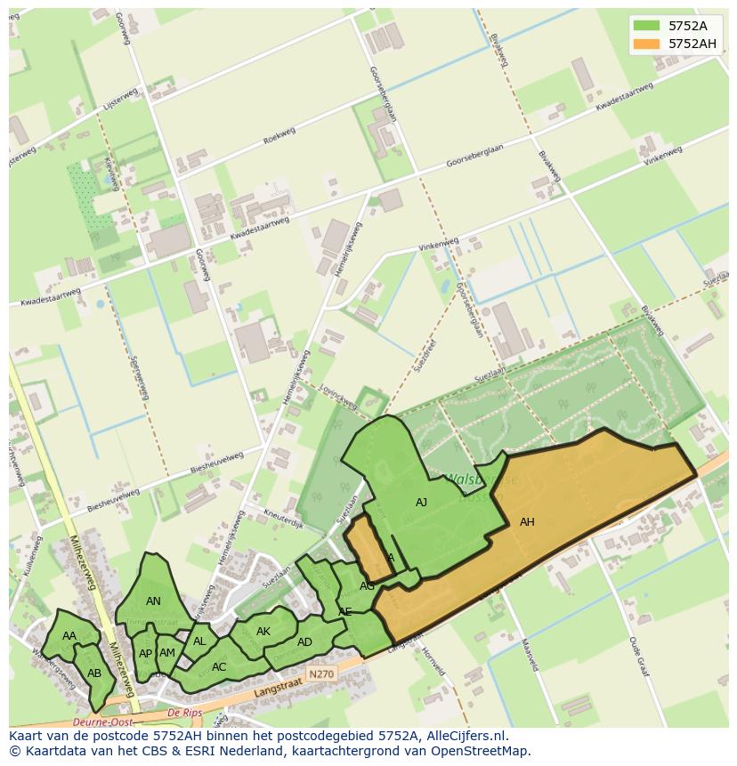 Afbeelding van het postcodegebied 5752 AH op de kaart.