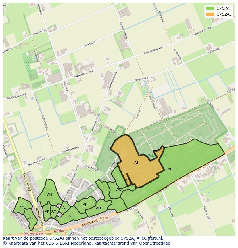 Afbeelding van het postcodegebied 5752 AJ op de kaart.