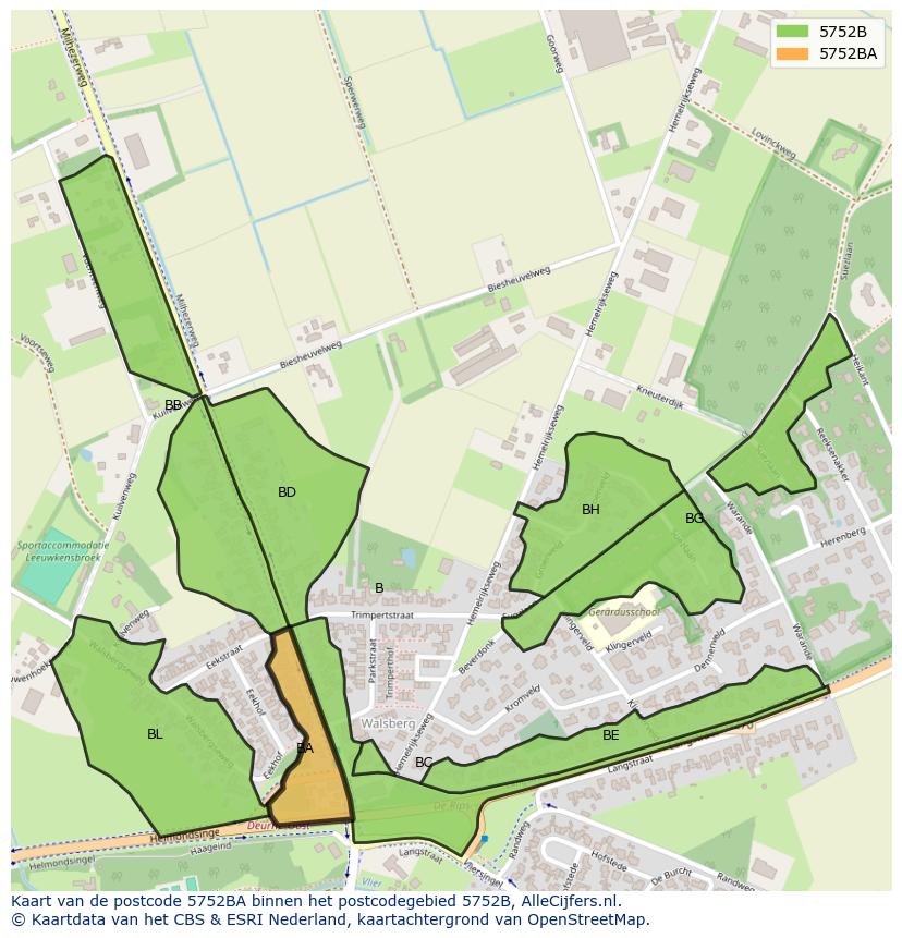 Afbeelding van het postcodegebied 5752 BA op de kaart.