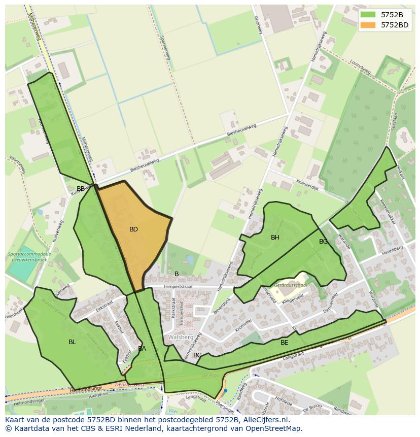 Afbeelding van het postcodegebied 5752 BD op de kaart.