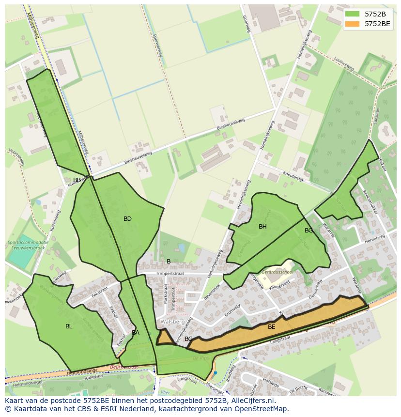 Afbeelding van het postcodegebied 5752 BE op de kaart.