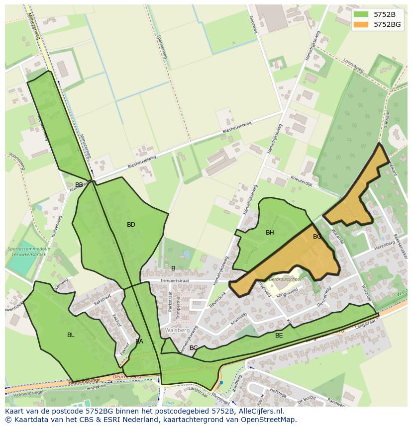 Afbeelding van het postcodegebied 5752 BG op de kaart.