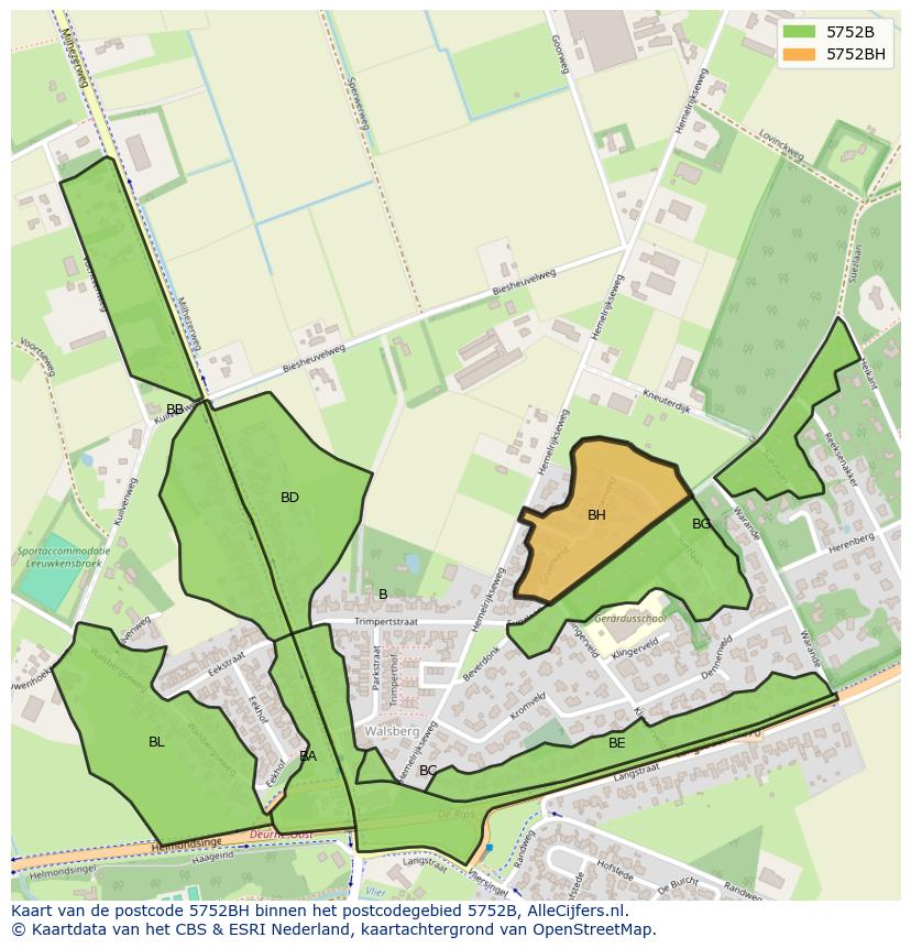 Afbeelding van het postcodegebied 5752 BH op de kaart.