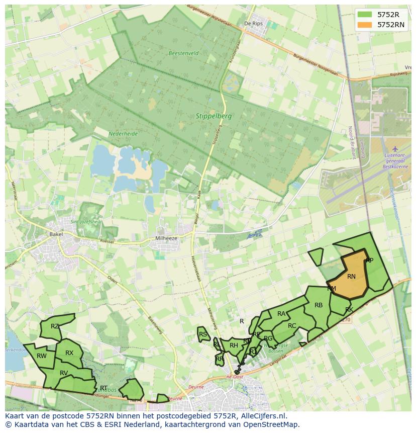 Afbeelding van het postcodegebied 5752 RN op de kaart.