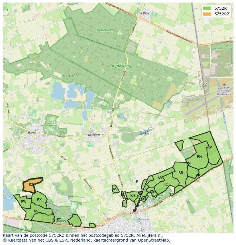 Afbeelding van het postcodegebied 5752 RZ op de kaart.
