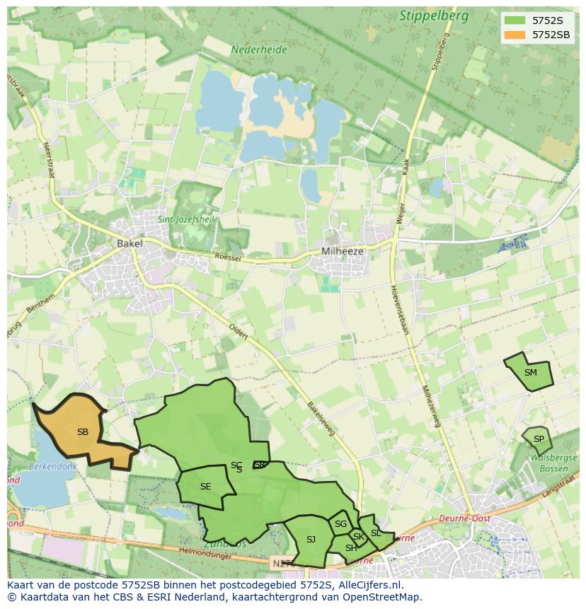 Afbeelding van het postcodegebied 5752 SB op de kaart.