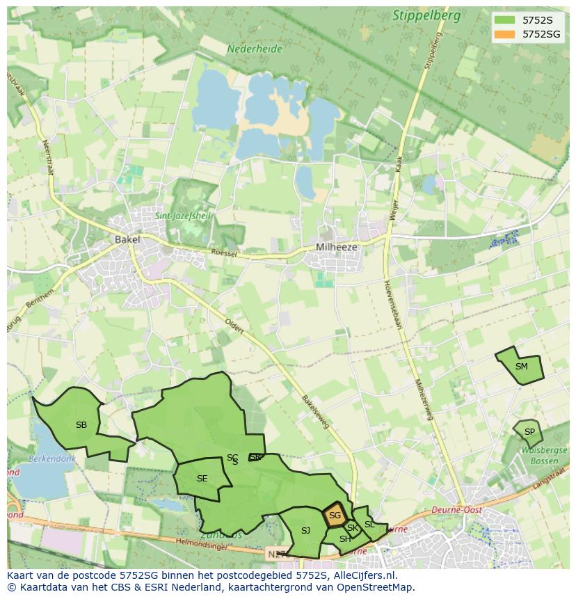 Afbeelding van het postcodegebied 5752 SG op de kaart.