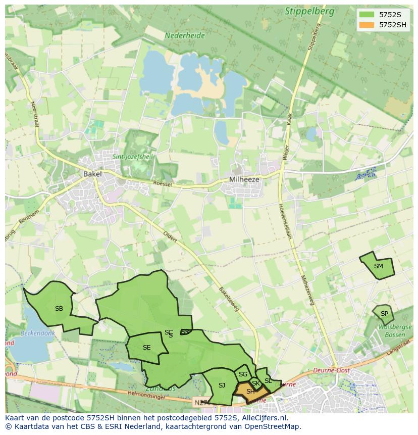 Afbeelding van het postcodegebied 5752 SH op de kaart.