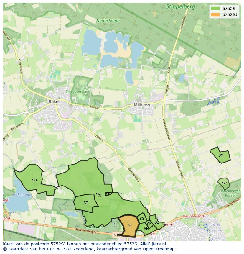 Afbeelding van het postcodegebied 5752 SJ op de kaart.
