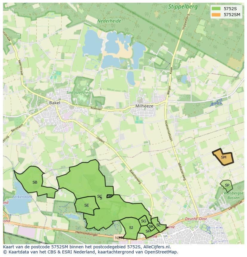 Afbeelding van het postcodegebied 5752 SM op de kaart.