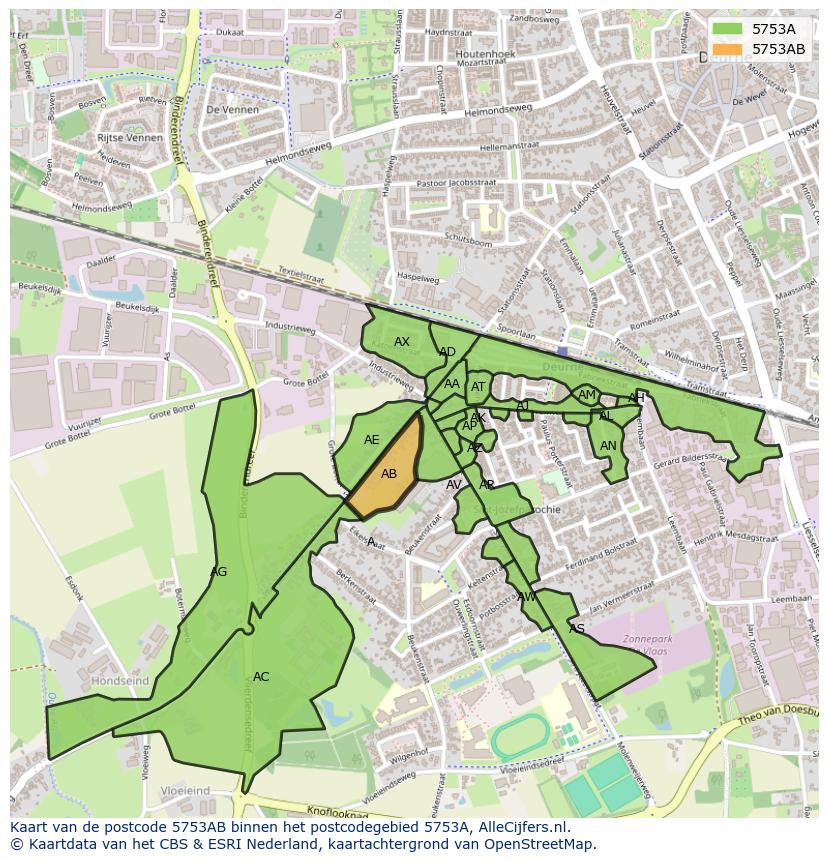 Afbeelding van het postcodegebied 5753 AB op de kaart.