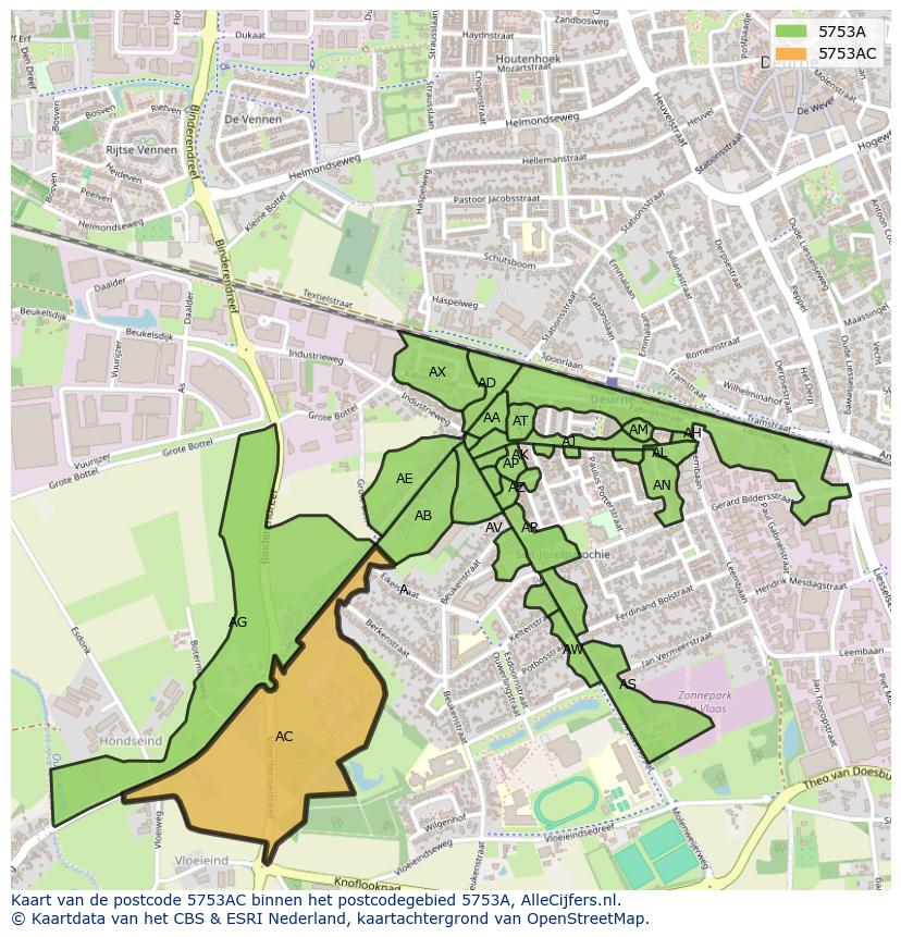 Afbeelding van het postcodegebied 5753 AC op de kaart.