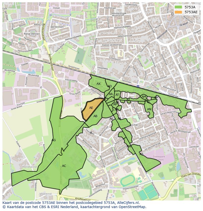 Afbeelding van het postcodegebied 5753 AE op de kaart.