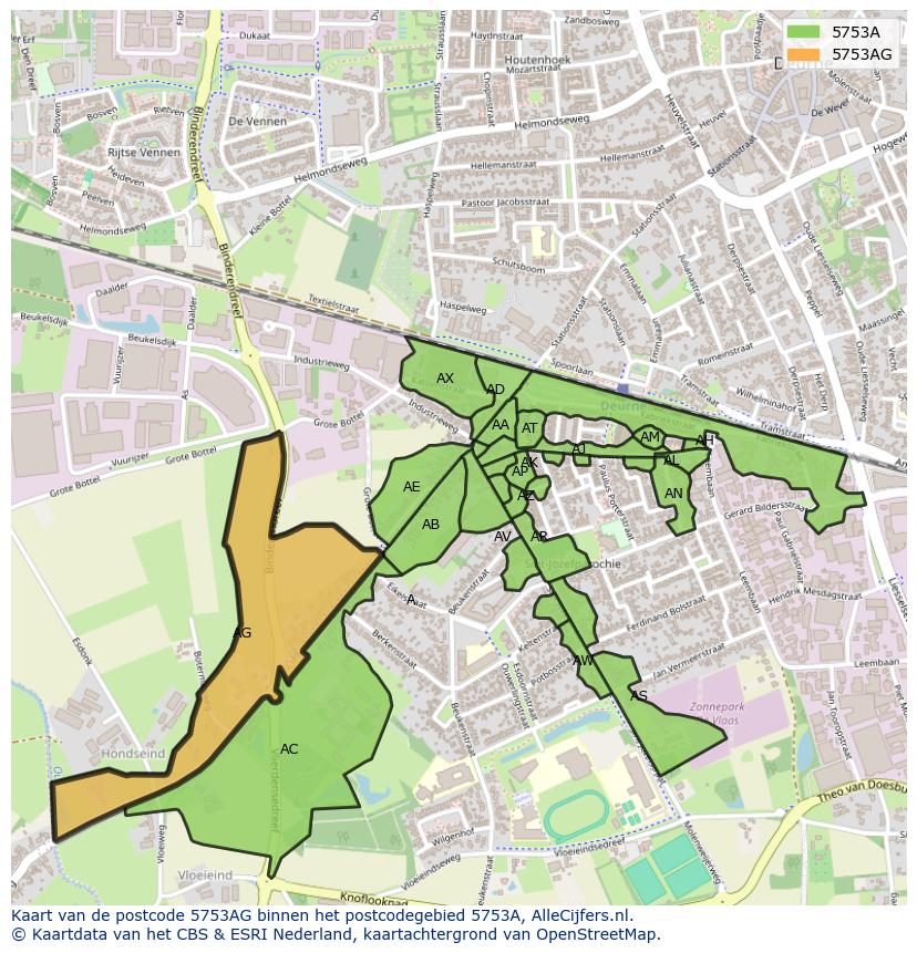 Afbeelding van het postcodegebied 5753 AG op de kaart.