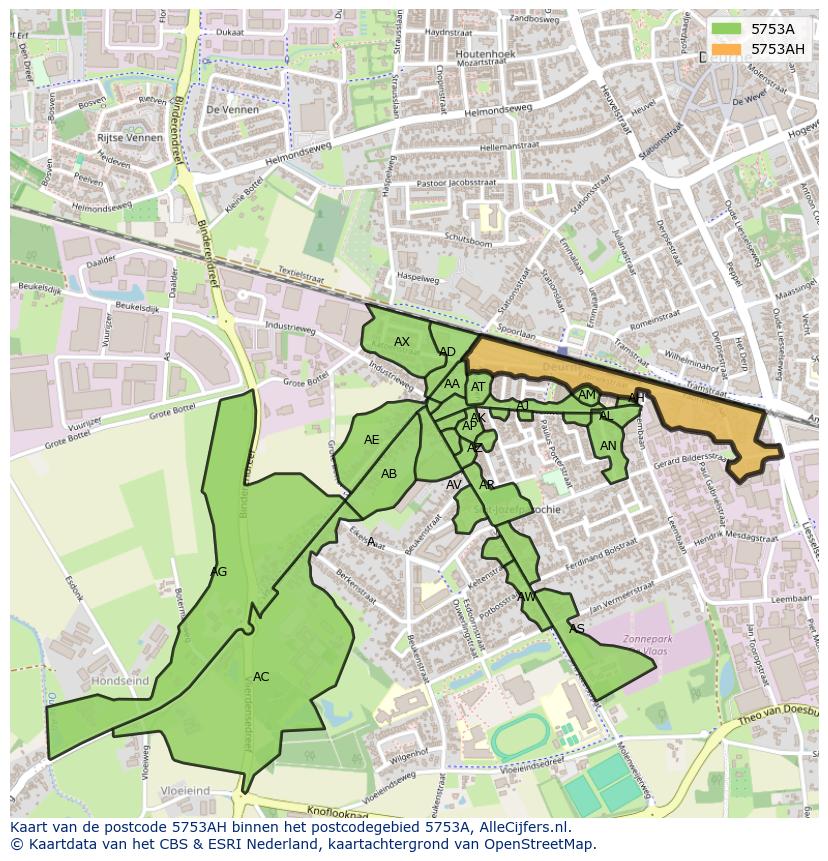 Afbeelding van het postcodegebied 5753 AH op de kaart.