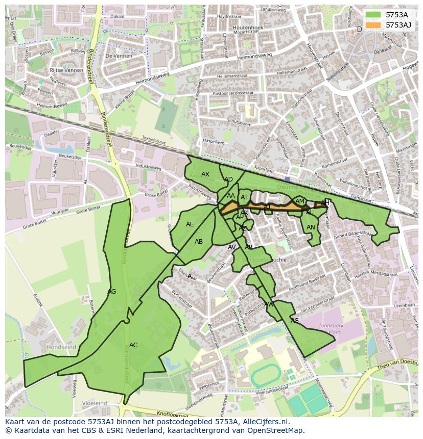 Afbeelding van het postcodegebied 5753 AJ op de kaart.