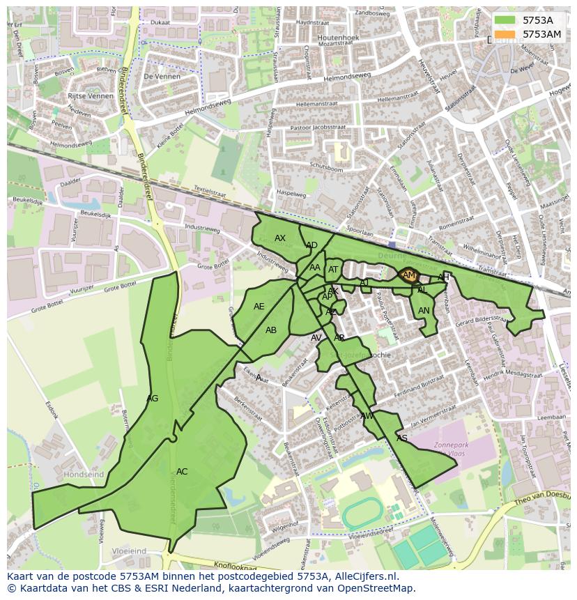 Afbeelding van het postcodegebied 5753 AM op de kaart.