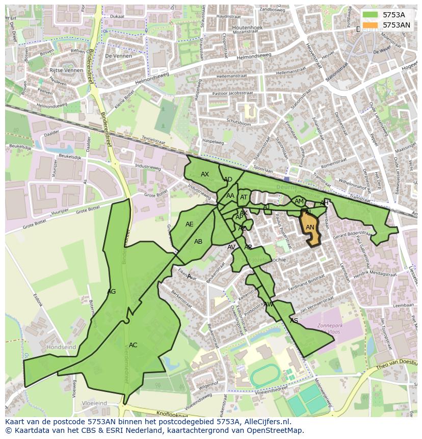 Afbeelding van het postcodegebied 5753 AN op de kaart.