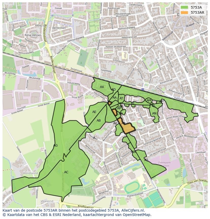 Afbeelding van het postcodegebied 5753 AR op de kaart.
