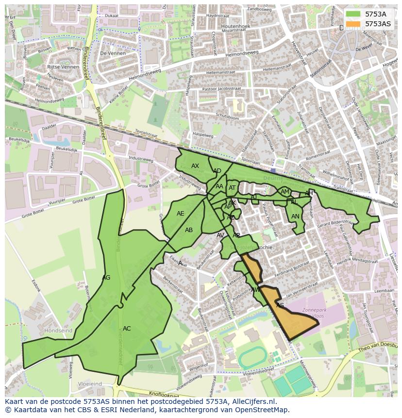 Afbeelding van het postcodegebied 5753 AS op de kaart.