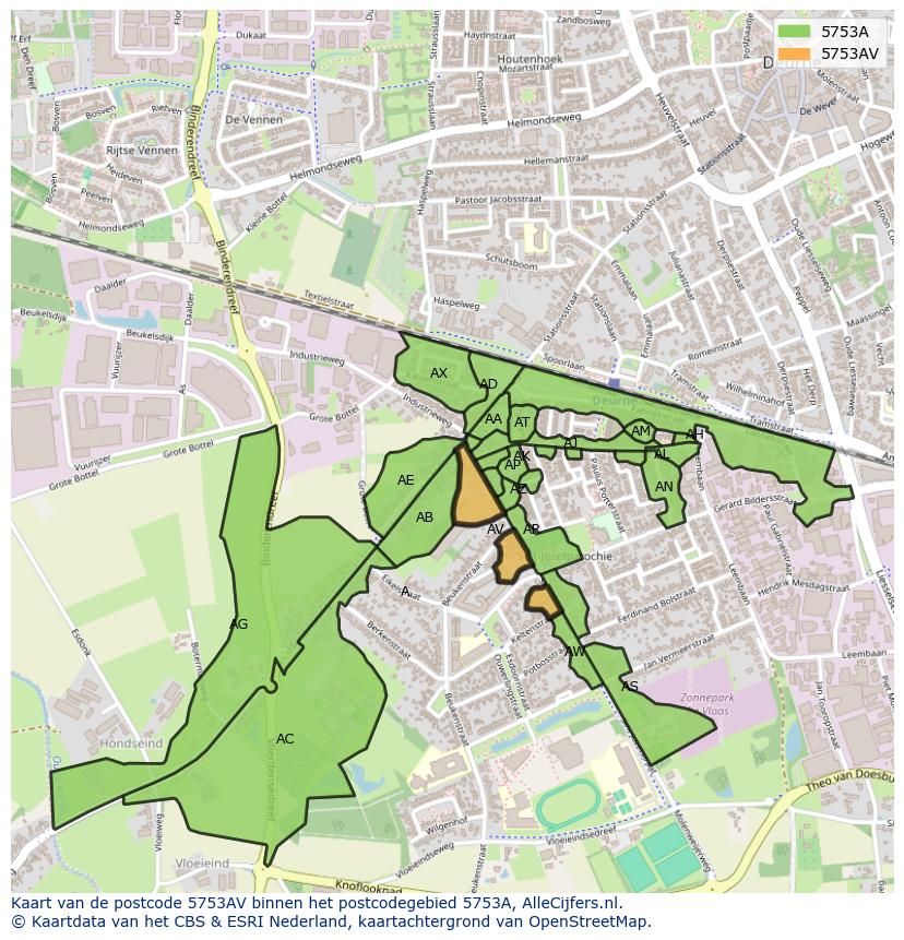 Afbeelding van het postcodegebied 5753 AV op de kaart.