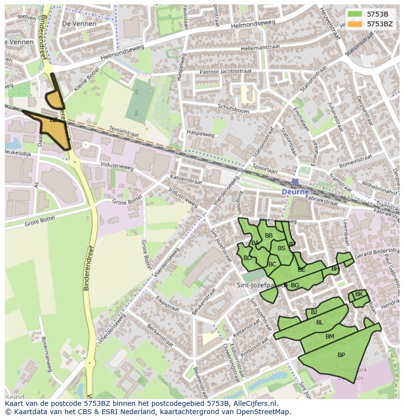 Afbeelding van het postcodegebied 5753 BZ op de kaart.