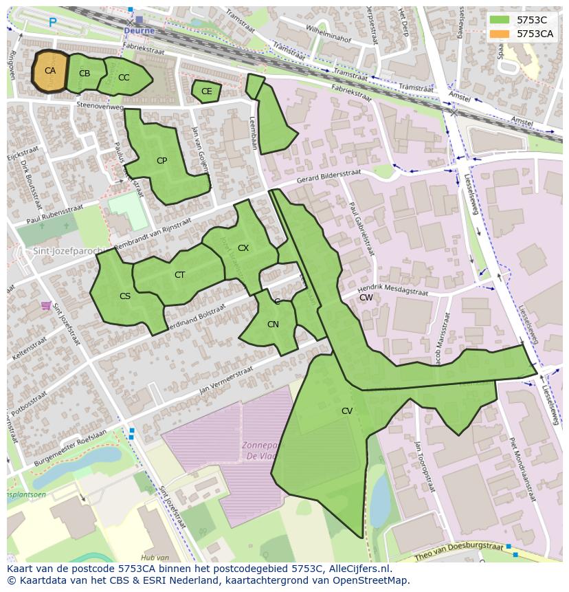 Afbeelding van het postcodegebied 5753 CA op de kaart.