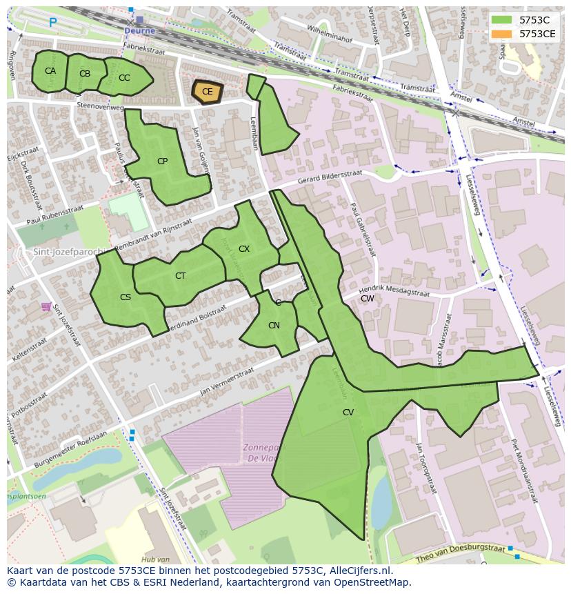 Afbeelding van het postcodegebied 5753 CE op de kaart.