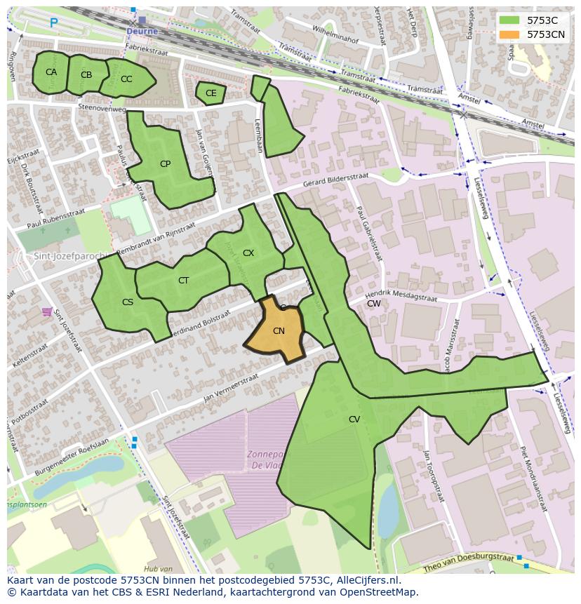 Afbeelding van het postcodegebied 5753 CN op de kaart.