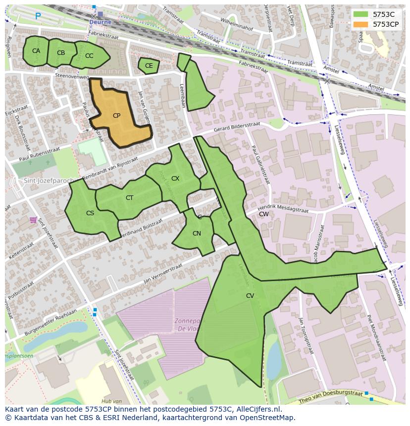 Afbeelding van het postcodegebied 5753 CP op de kaart.