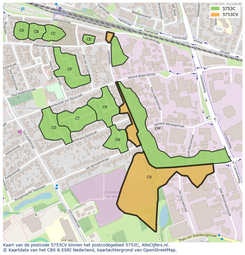 Afbeelding van het postcodegebied 5753 CV op de kaart.